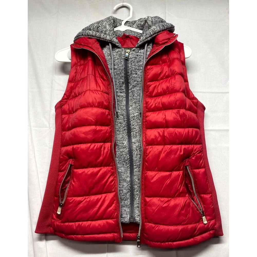 Special One International Puffer Vest Women Medium Red Gray Knit Hooded Full Zip